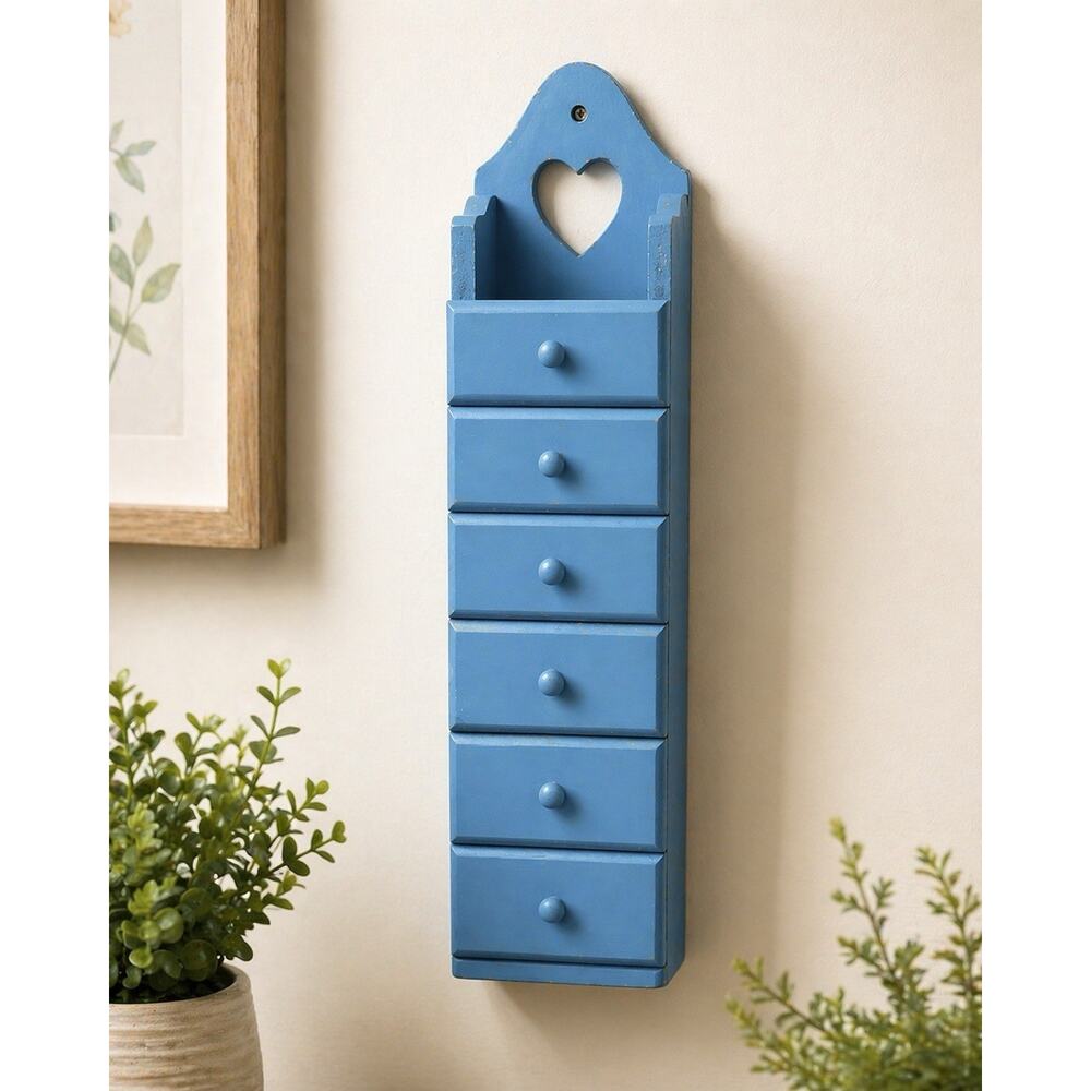 Vtg Blue Wooden‎ Jewelry OrganizerHeart Cutout Wall Hanging Drawers Cottagecore